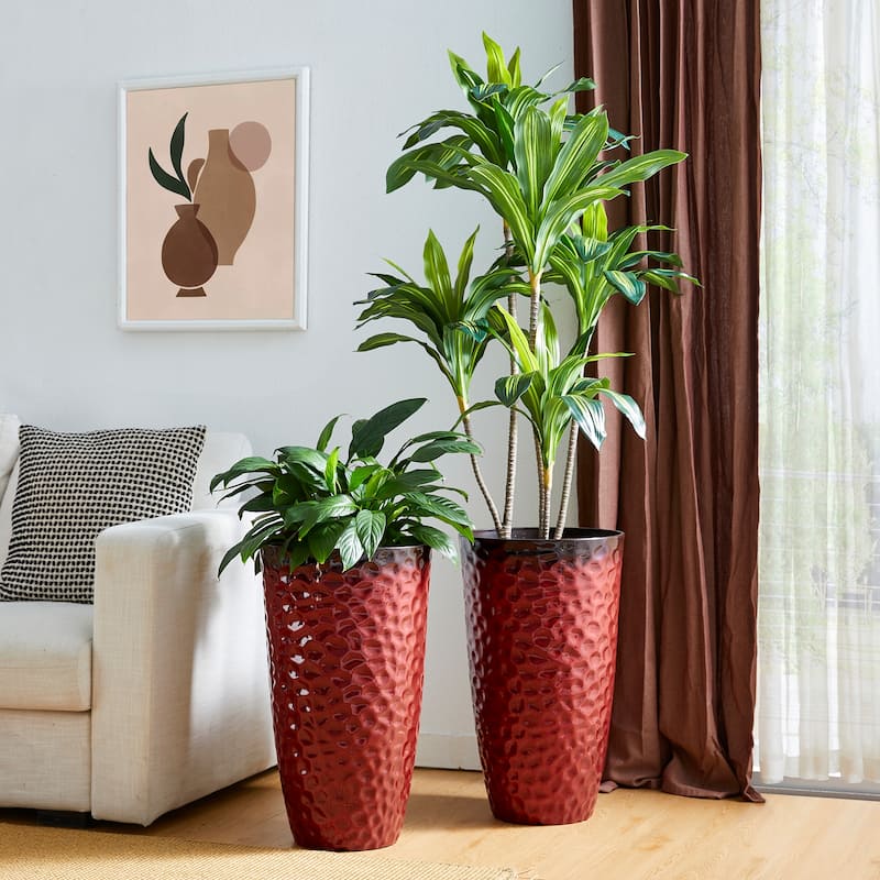 Glitzhome 23.75"H Set of 2 Oversized Eco-Friendly PP and Stone Honeycomb Textured Blue/Green/Red Tall Plastic Planter - Red