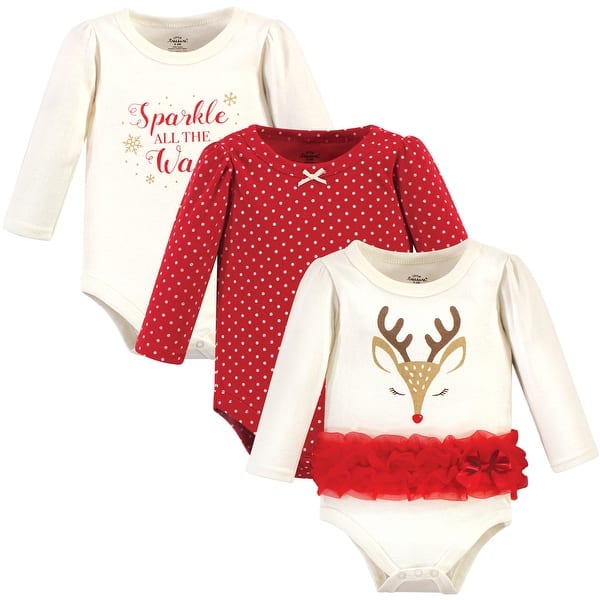slide 1 of 1, Little Treasure Baby Girl Cotton Long-Sleeve Bodysuits 3pk, Pretty Reindeer 0-3 Months - Pretty Reindeer