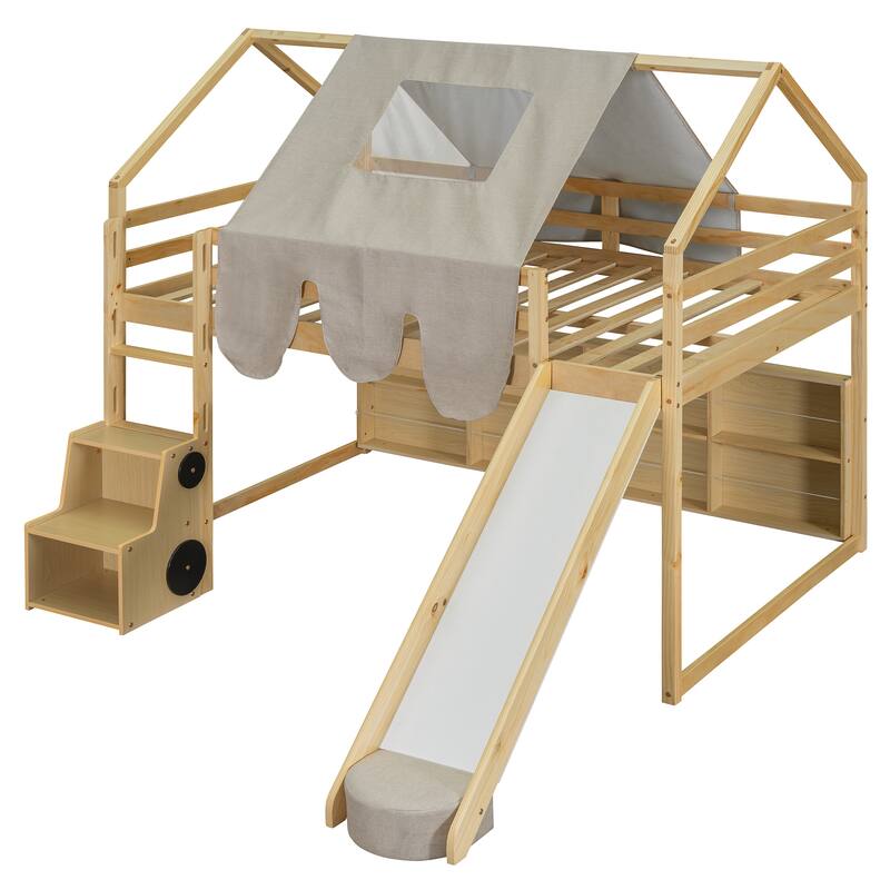 House-Shaped Wooden Loft Bed with Tent, Slide, and Storage - Twin/Full Size
