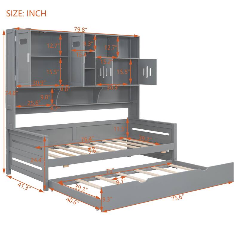 Full Size Wood Daybed with Built-in Storage Cabinet, Open Shelves & Twin Trundle Bed, Space-Saving Multi-Functional Frame