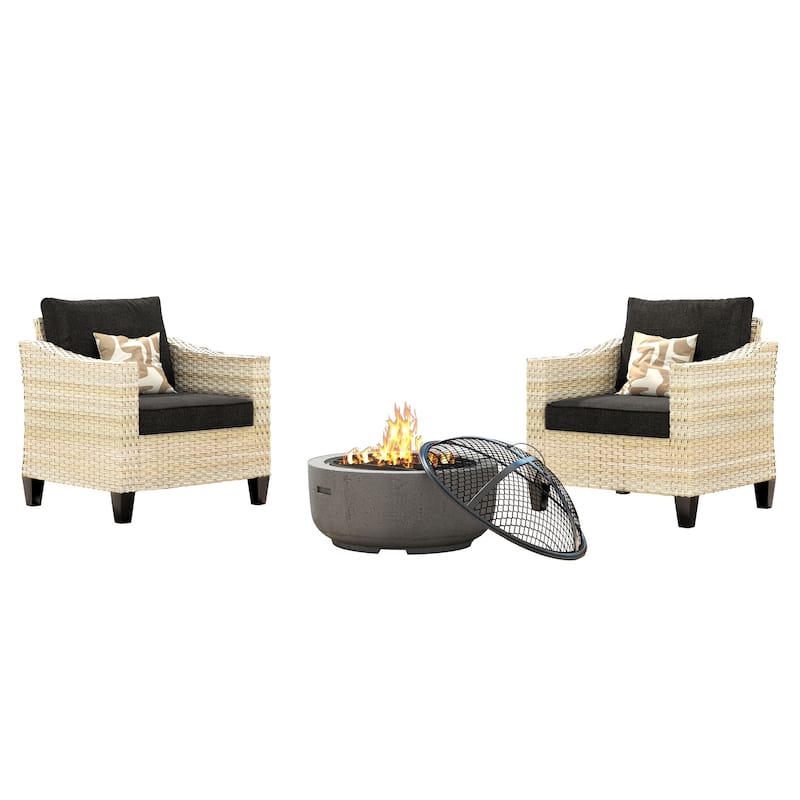 HOOOWOOO 3-piece Outdoor Patio Wicker Chat Set with Firewood Stove