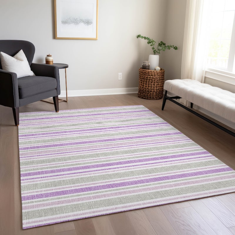 Machine Washable Indoor/ Outdoor Thin Cabana Stripe Chantille Rug