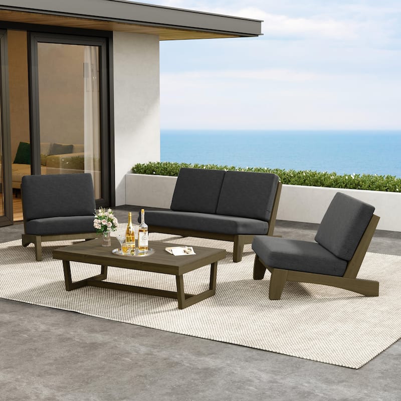 4 Pieces Wood Sectional Sofa Patio Conversation Set With Cushion