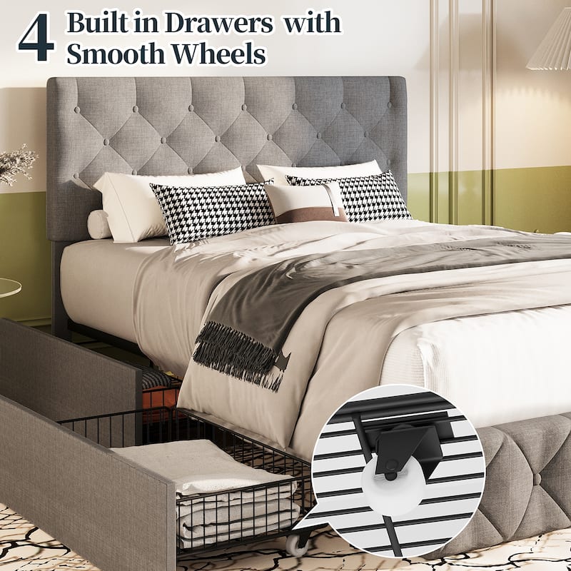 Full & Queen Size Bed Frame Built in 4 Storage Drawers & Adjustable Headboard