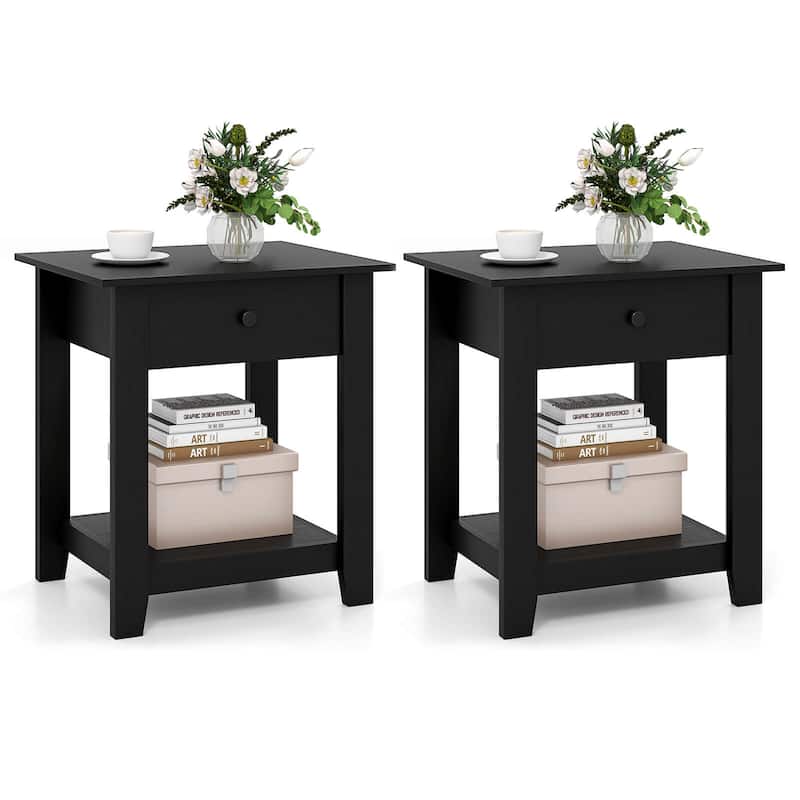 Costway 1/2 PCS Nightstand with Drawer 3-Tier Modern Bedside Table - Black-2 PCS