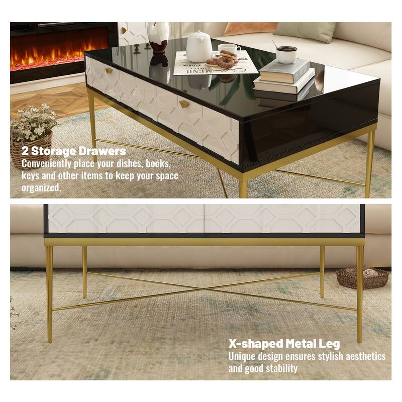 Modern Coffee Table Storage Table with X-Shaped Metal Leg, Center Table End Table with 2 Hidden Drawers