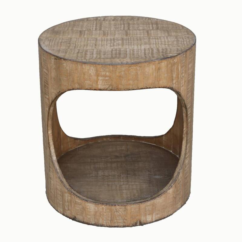 Roki Side End Table w Shelf, 22 Inch Natural Brown Pine Wood Round Top