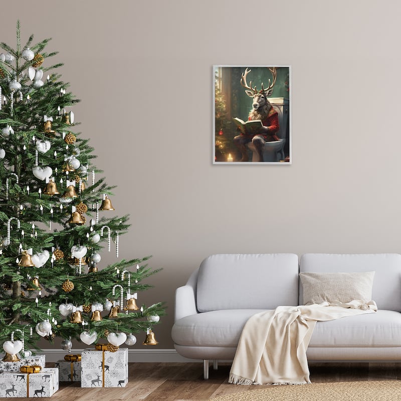 Stupell Reindeer in Festive Bathroom Framed Giclee Art Design By Jo Moulton