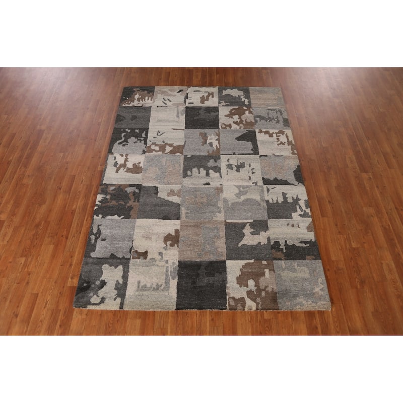 Grey Abstract Indian Area Rug Modern Hand-Tufted Wool Carpet - 5'3" x 7'7"