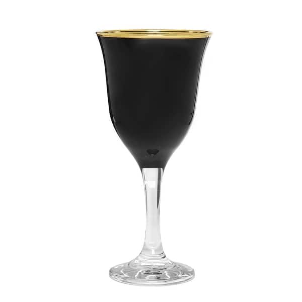 Set of 6 Water Glasses Black with Clear Stem and Gold Rim - 9.5"H