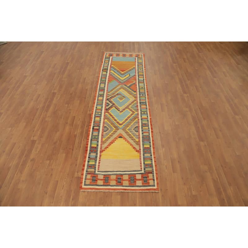 Hand Woven Oriental 100% Wool Carpet Southwestern Modern Multi-Colored Kilim Runner Rug - 10' 1'' X 2' 9''