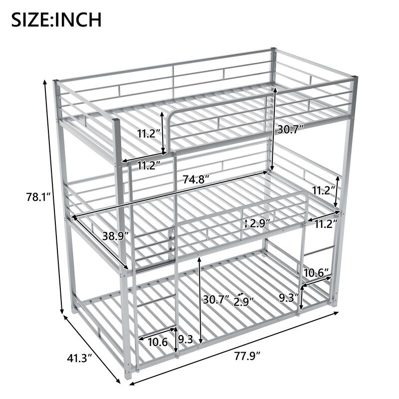Twin Size Triple Bunk Bed Metal Frame Bed with Ladder