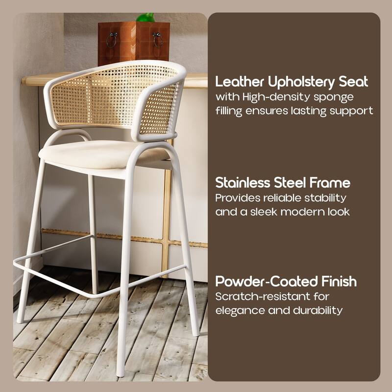 LeisureMod Ervilla Set of 2 Modern Wicker Leather Bar Stool with Curved Back & White Steel Frame for Home Office Dining Room