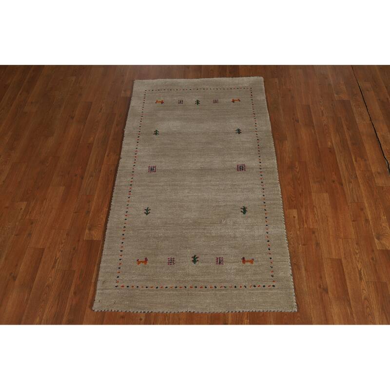 Hand Knotted Oriental 100% Wool Carpet Tribal Animal Pictorial Beige & Ivories Gabbeh Area Rug - 4' 10'' X 2' 9''