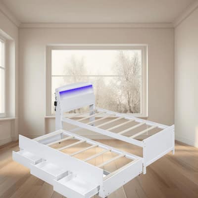 Twin and Full Size Platform Bed Frame with LED Headboard, Trundle and 3 Storage Drawers, Space Saving Design for Bedroom
