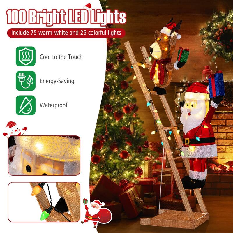 Costway 5.5 FT Lighted Reindeer & Santa Claus on Ladder with 100 LED - as pic shows - See Details