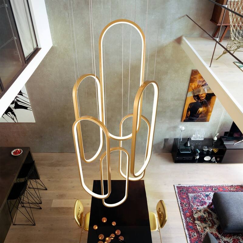 Modern LED Chandelier Large High Ceiling 6 Ring Dimmable Chandelier