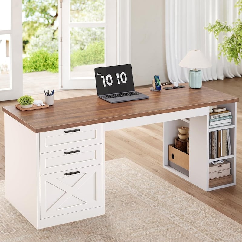 Farmhouse Executive L Shaped Desk Home Office Desk with Drawers and Storage Cabinet & Power Outlet - 55.1" - Brown and White