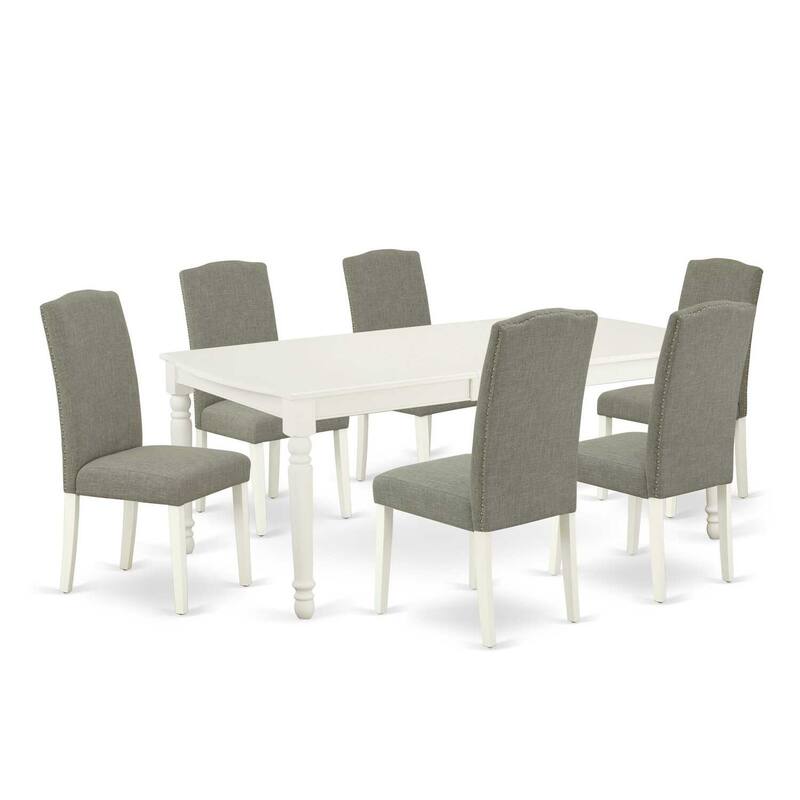 Rectangle Dining Set 7Pc - 60x78 Inch Table w/ Leaf & 6 Chairs - Linen White Legs, Dark Shitake Fabric
