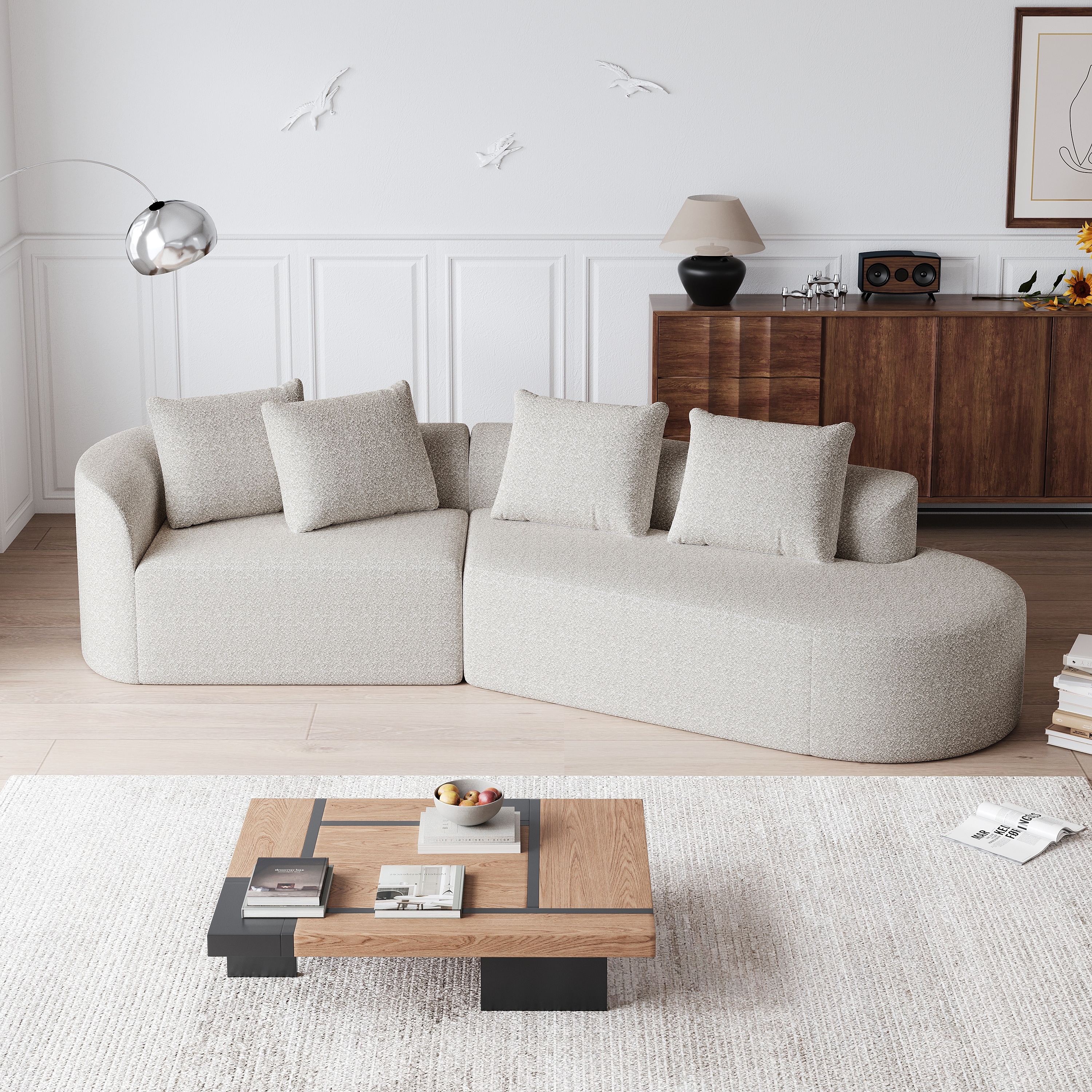 Upholstered Oversized Sectional Sofa, 112-Inch Chenille 4-Seater Extra Deep & Wide Seat Curved Cloud Couch with 4 Throw Pillows