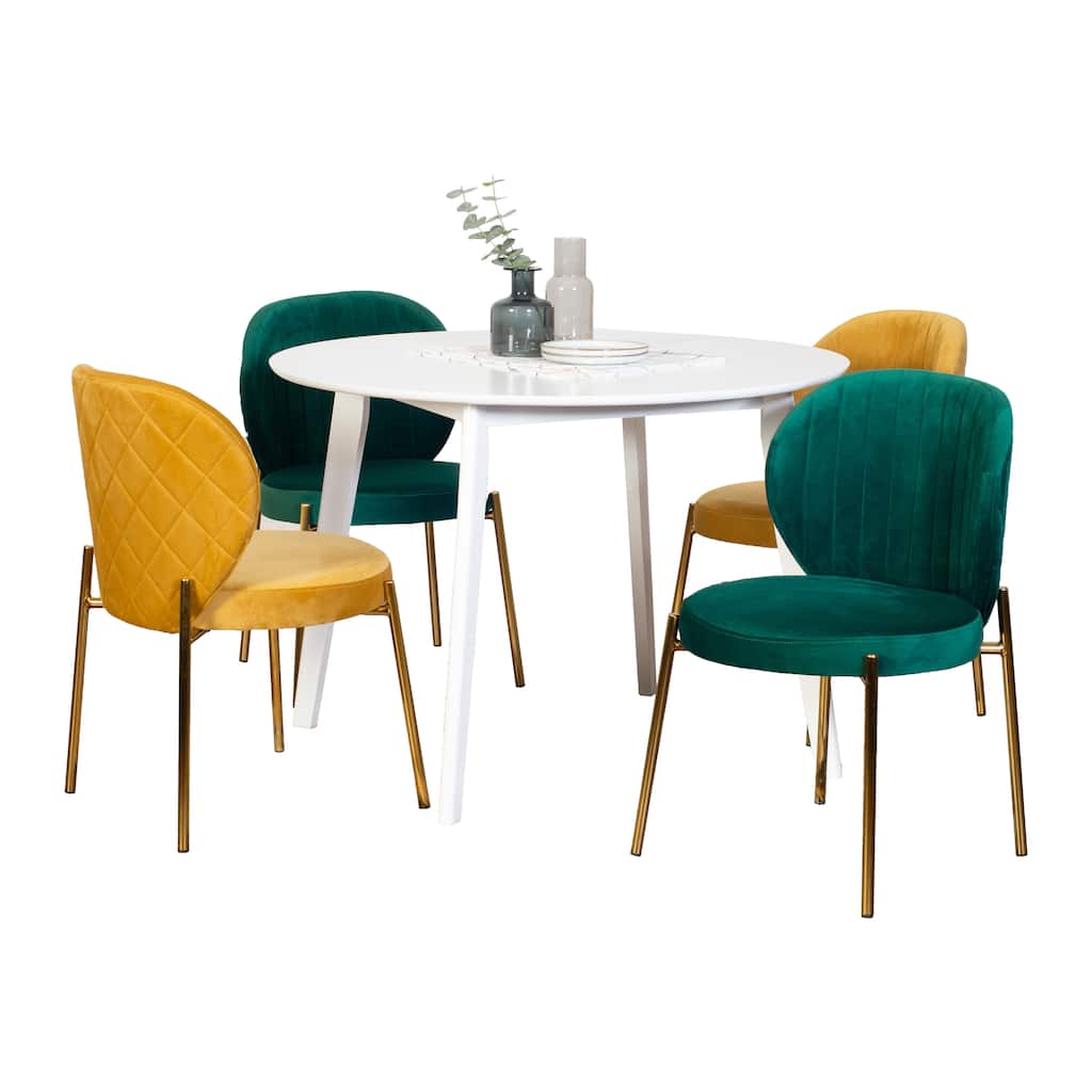 Stylish Dining Set with White Round Dining Table & 4 Velvet Chairs