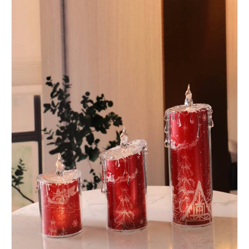 3-Piece Santa With Sleigh LED Flameless Candle Lights 9.5" Red Clear