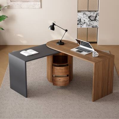 59"L Shaped Desk in Walnut with 2 Drawers,Open storage,360°Wood Rotating Desk,Executive Office Desk,Office Study Workstation