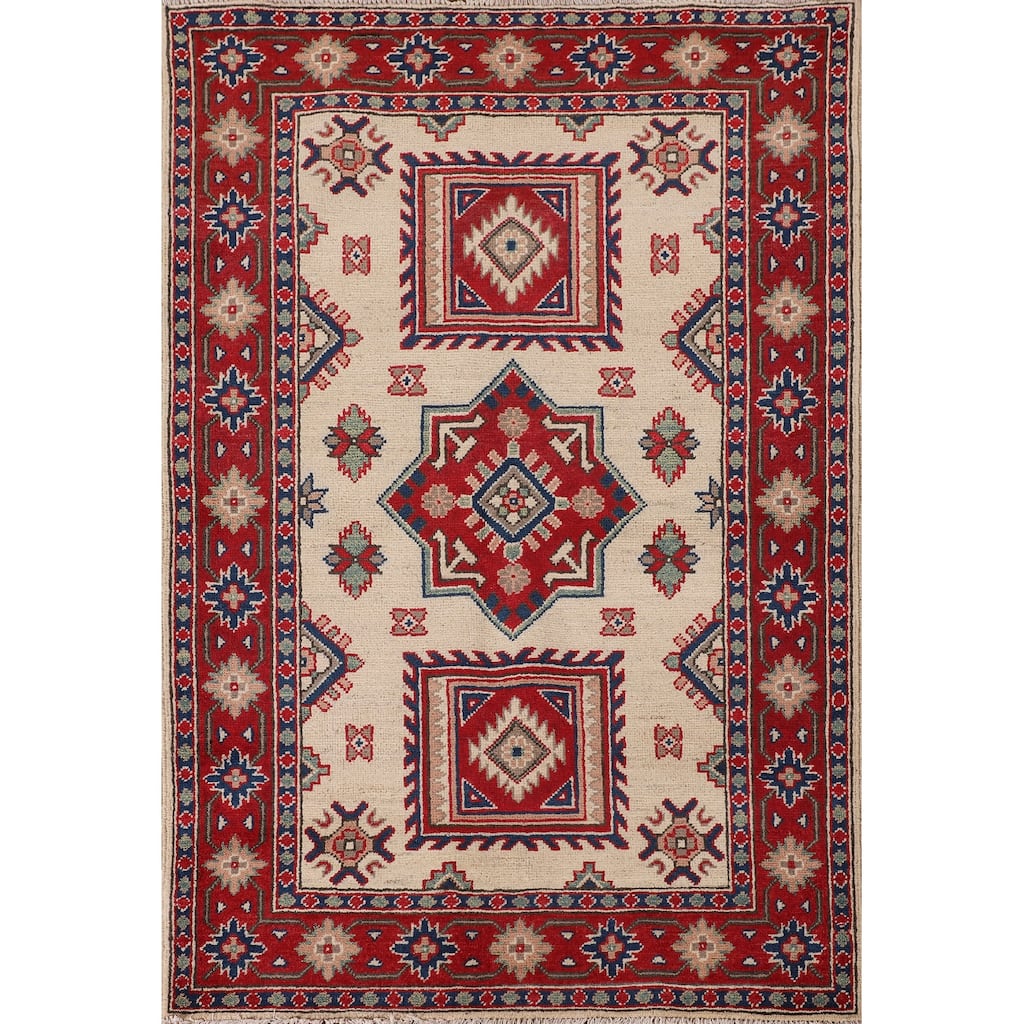 Ivory Geometric Kazak Oriental Accent Rug Hand-Knotted Wool Carpet - 3'7"x 5'0"