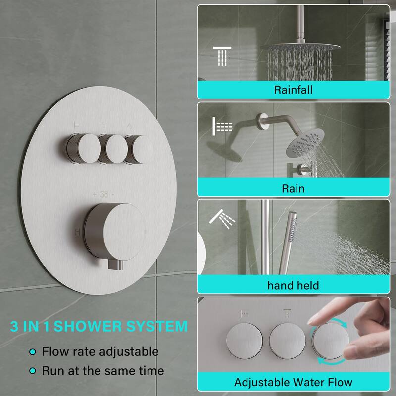 Ceiling/Wall Mount Multifunction Dual Shower System 10 in. 3-Function Round Shower Head With Hand Shower