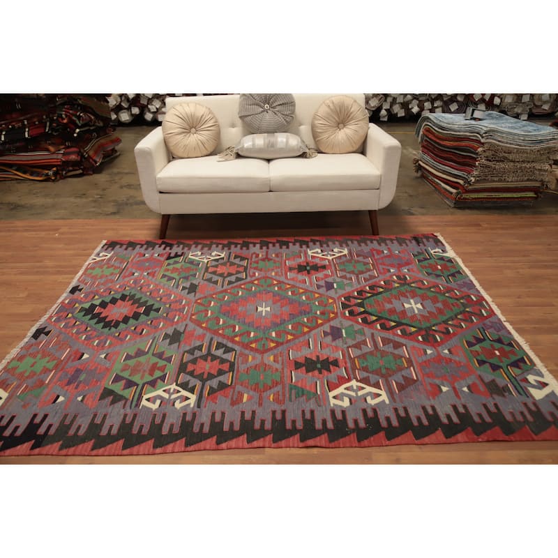 Hand Woven Oriental 100% Wool Carpet Southwestern Tribal Purples Kilim Area Rug - 7' 4'' X 5' 11''