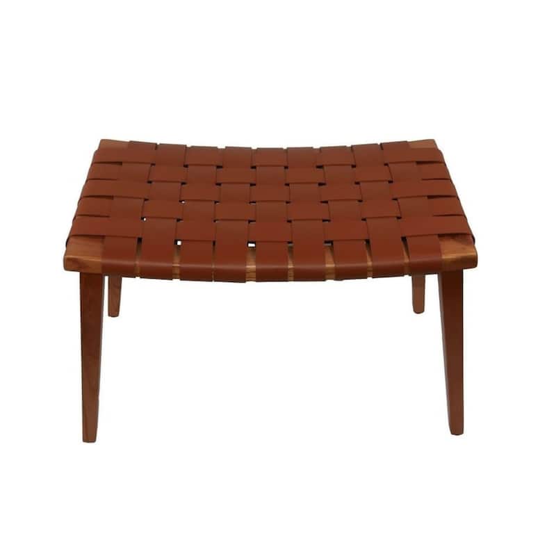 Aria Home Rene Cognac Leather and Wood Stool – Modern Ottoman Foot Rest Seat - Red - Medium