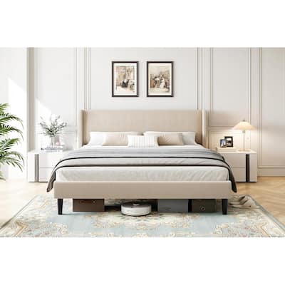 Velvet Upholstered Platform Bed with Wingback Headboard, Wood Slats Support, No Box Spring, Easy Assembly