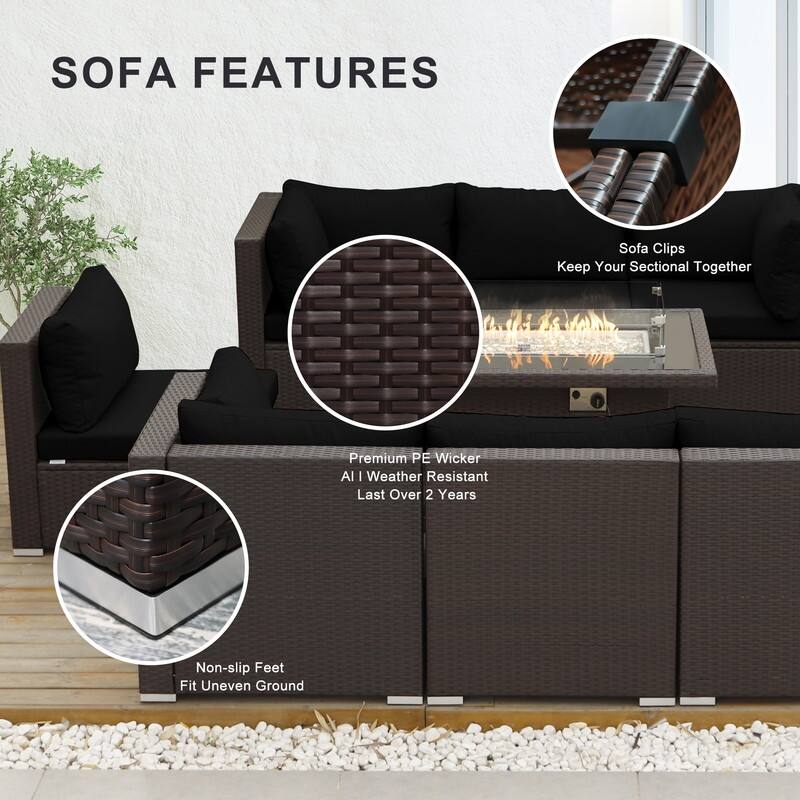 9-Piece Outdoor Brown Wicker Sectional Patio Conversation Set with 43″ Fire Pit Table, Cushion