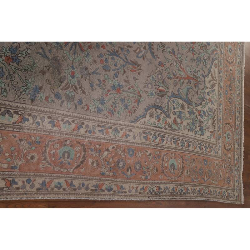 Hand Knotted Oriental 100% Wool Carpet Traditional Floral Greys & Charcoal Tabriz Area Rug - 11' 4'' X 8' 5''