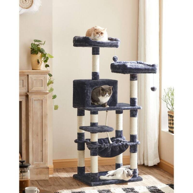 Smoky Grey Multi-Level Cat Tree with Sisal-Covered Scratching Posts Ideal for Indoor Cat