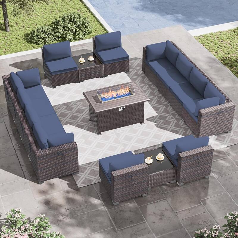 15-Pieces Wicker Patio Furniture Set, Outdoor Sectional Chairs with Firepit Table & Side Table