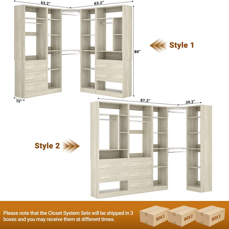 Kyrvo Corner Closet System with 5 Wooden Drawers & 12 Shelves, Freestanding Closet Organizer System for Walk-in/Reach-in Closet