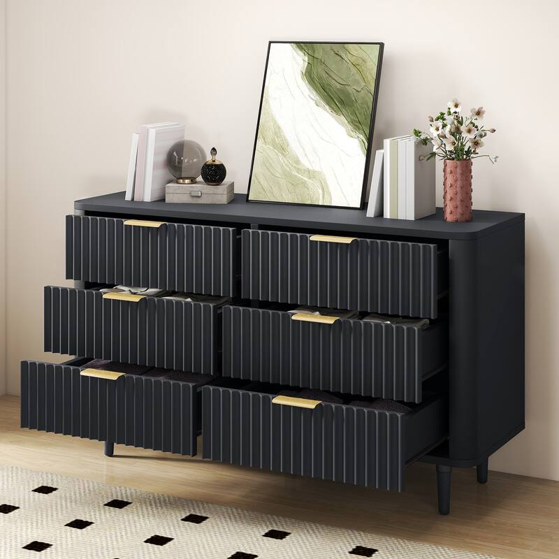 6 Drawer Wood Dresser with Wave Fluted Panel Storage Organizer for Bedroom
