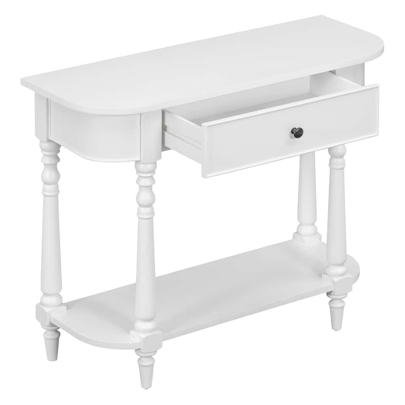 Narrow Console Table with Curved Corner, Solid Pine Wood Entryway Table, 36" Living Room Sofa Table with Drawer and Open Shelf