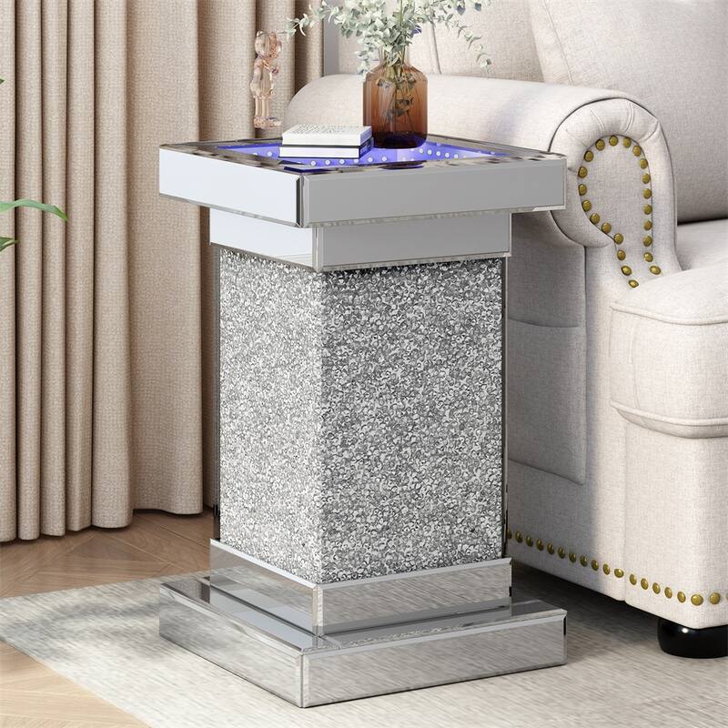 11.8'' Silver Square Mirrored End Table w/LED lights,Modern Side Table