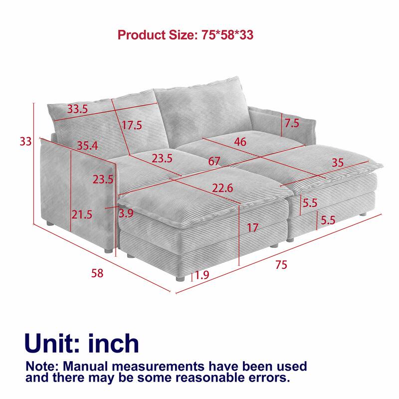 Corduroy Cloud Sleeper Sofa Bed Modular Sectional Sofa with Chaise Lounge Living Room Loveseat Couch with 2 Ottomans