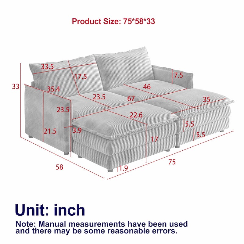 Loveseat Sectional Sofa Couch Deep Seat Cloud Sofa with 2 Ottomans