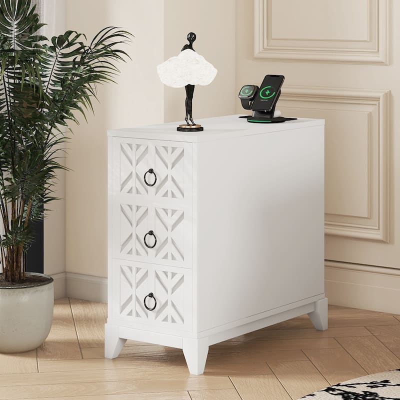 Tall Nightstand with Charging Station, Narrow Sofa Side Table with 3 Drawers & 2 Open Shelves, Solid Wood Entryway Accent Table - White