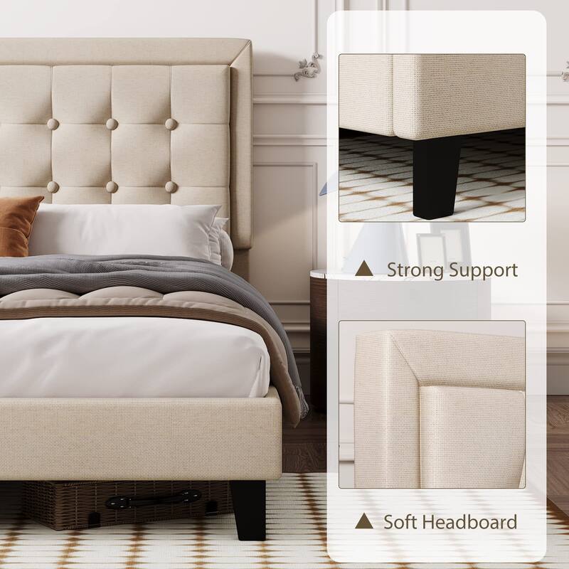 Upholstered Platform Bed Frame with Button Tufted Headboard and Wooden Slats