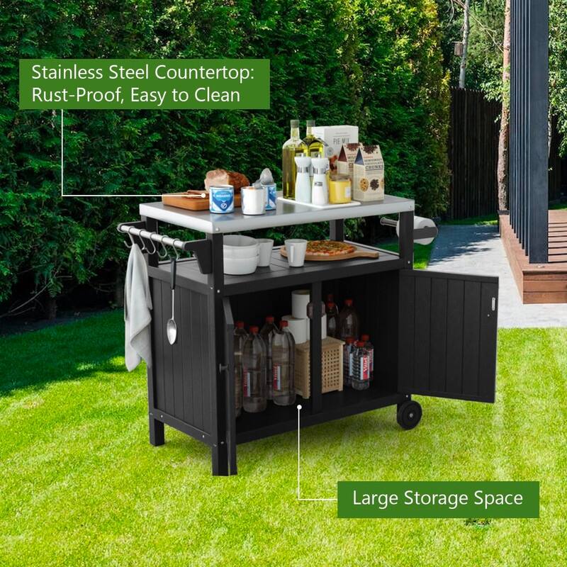 HDPE Portable Outdoor Grill Cart, Waterproof BBQ Prep Table, 304 Stainless Steel Top, Camping Cart 42.12" L x 20.71" W, Black