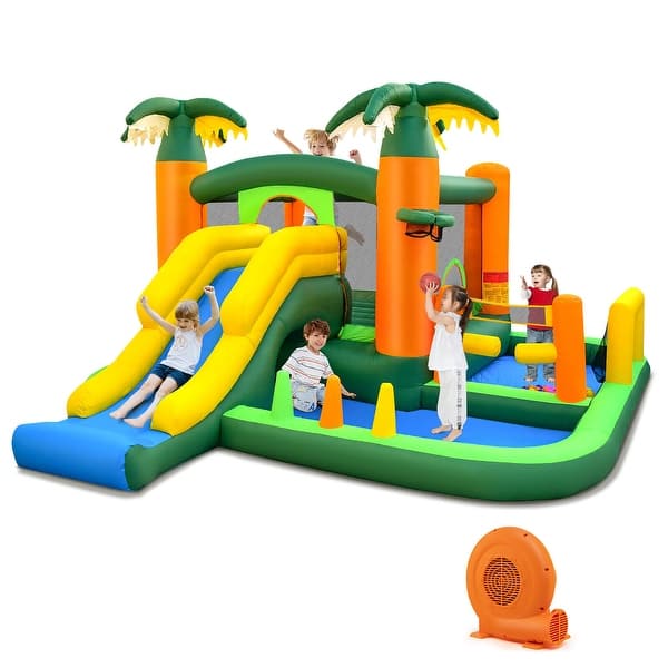 slide 2 of 10, Gymax Tropical Inflatable Bounce Castle 8-in-1 Giant Jumping House w/ Kids