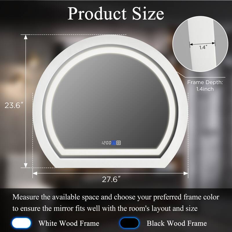 Arched Black Framed LED light Anti-fog 3 Colors Dimmable Wall Mirror - 27.6x23.6