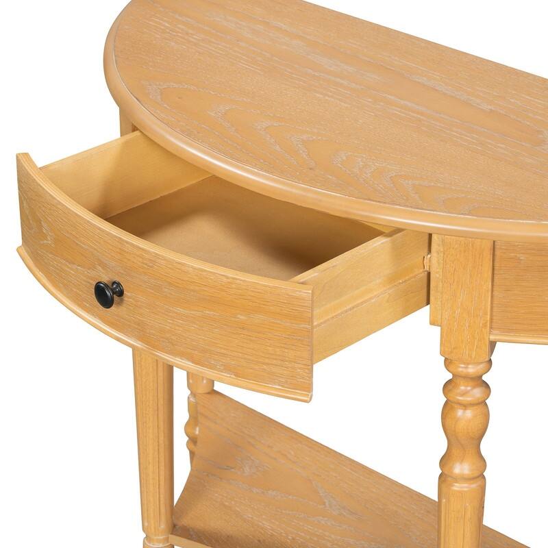 Farmhouse Half Moon Console Table with Drawer and Shelf for Entryway and Living Room Decor