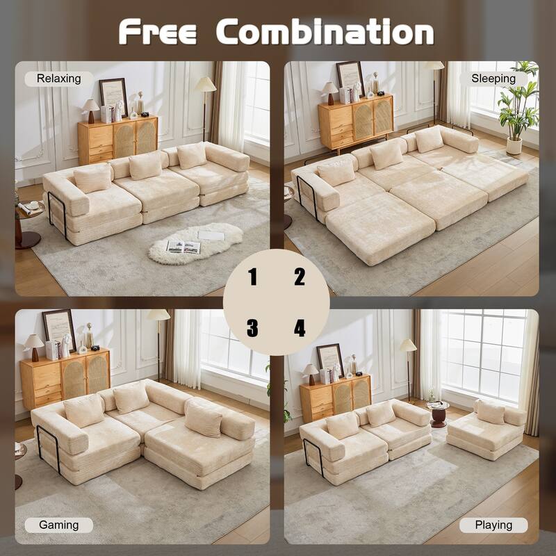 Free Combination Lazy Folding Sectional Sofa Chenille Modular Sleeper Sofa Bed Floor Standing Compression Mattress