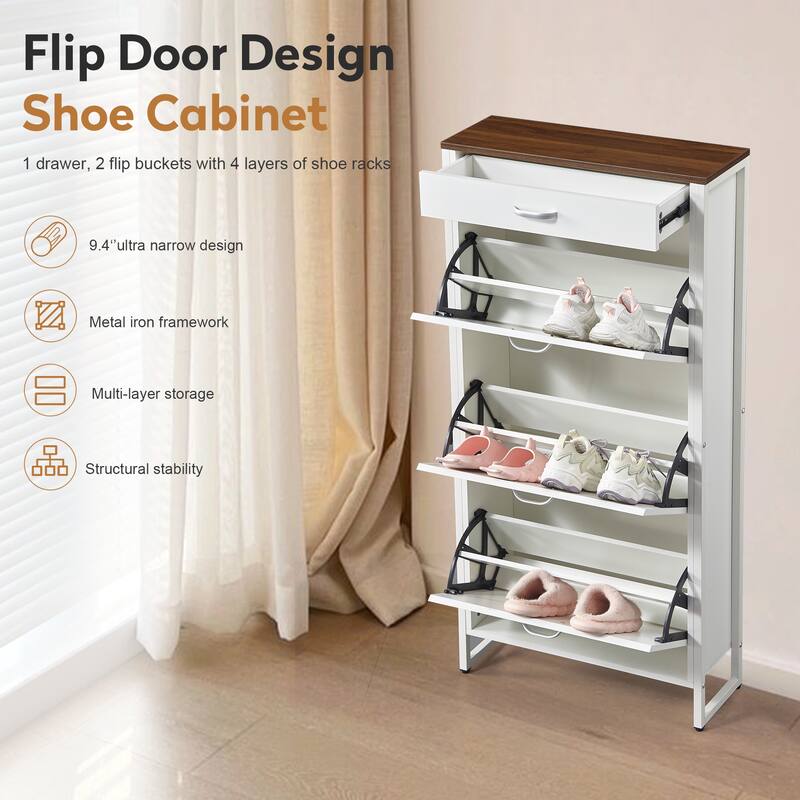 Hidden Wood Shoe Storage Cabinet, Narrow Shoe Cabinet with Drawers, 3-Tier 15 Pair Shoe Rack for Hallway, Entryway